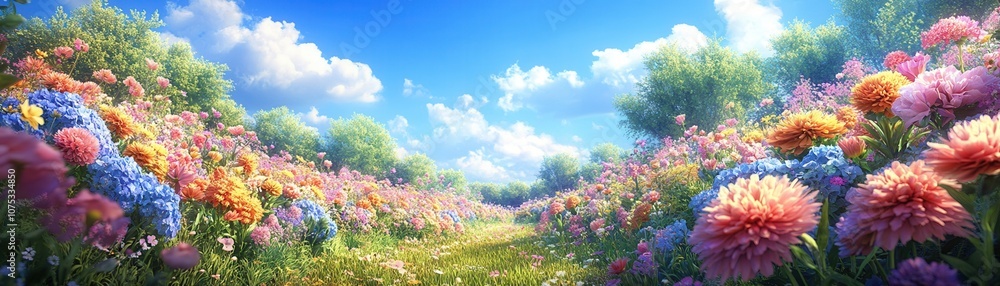 A vibrant meadow filled with colorful flowers under a bright blue sky, creating a serene and picturesque natural landscape. A vibrant meadow filled with colorful flowers under a bright blue sky, creating a serene and picturesque natural landscape.