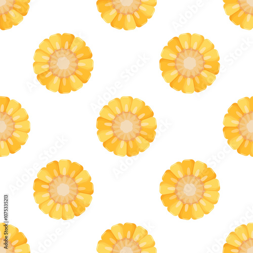 Fresh corn on the cob slices arranged in a seamless pattern, creating a vibrant and appetizing culinary background