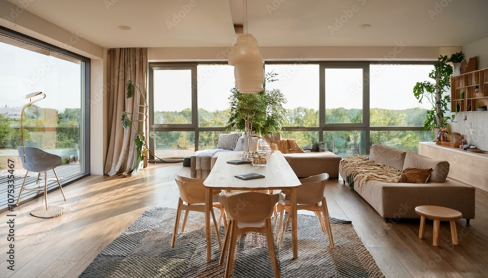 Fototapeta premium Stylish studio interior with relaxing and eating zone, panoramic window