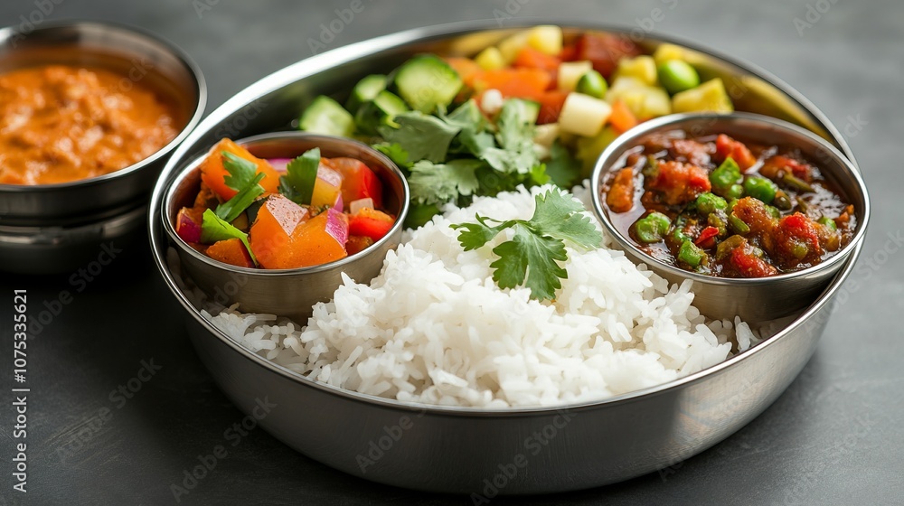Delicious Indian Meal with Rice, Vegetables, and Chutney. AI generated illustration Delicious Indian Meal with Rice, Vegetables, and Chutney. AI generated illustration