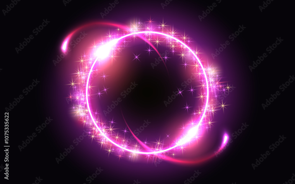 Glowing round frame on dark fantastic background. Abstract neon space portal into another dimension. Christmas holiday background. Glowing round frame on dark fantastic background. Abstract neon space portal into another dimension. Christmas holiday background.