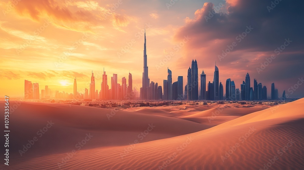 Dubai skyline at sunset with desert dunes in warm tones. AI generated illustration Dubai skyline at sunset with desert dunes in warm tones. AI generated illustration
