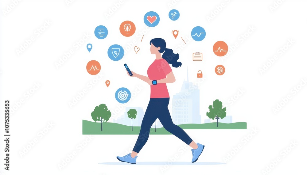 A modern vector illustration depicting a person engaging with health and wellness technology while walking outdoors A modern vector illustration depicting a person engaging with health and wellness technology while walking outdoors