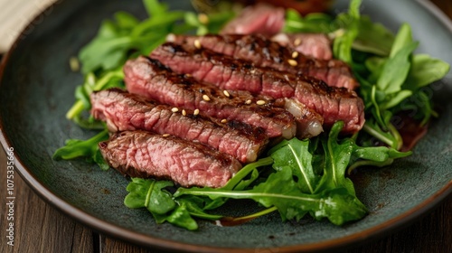 Japanese style spicy medium rare meat served on a plate