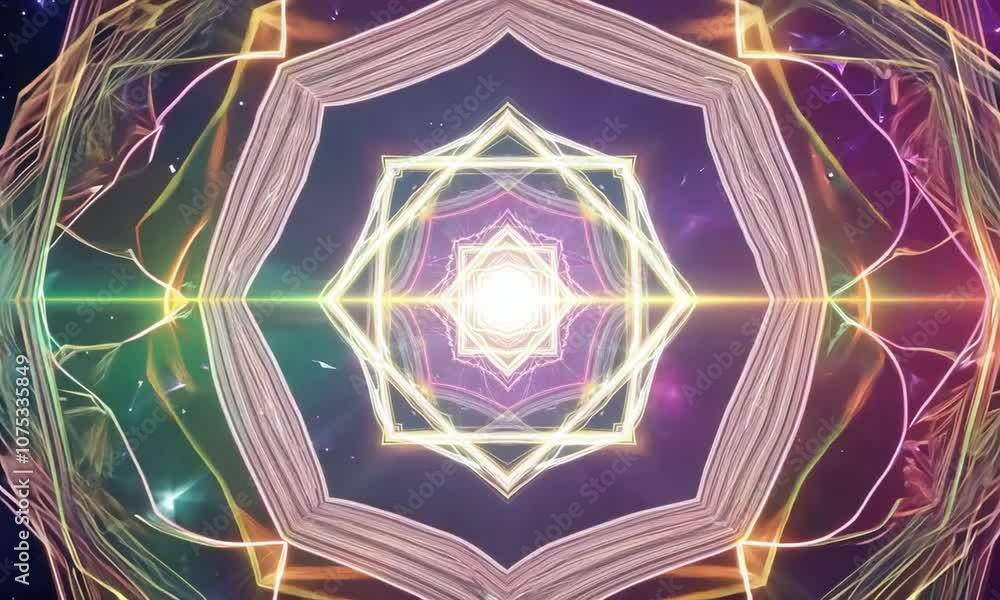 A colorful, glowing, and abstract design of a star or a hexagon. The design is surrounded by a blue and purple background