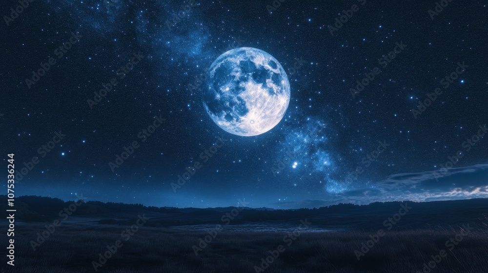 A starry sky with the full moon as the centerpiece, radiating a luminous glow across the landscape. A starry sky with the full moon as the centerpiece, radiating a luminous glow across the landscape.
