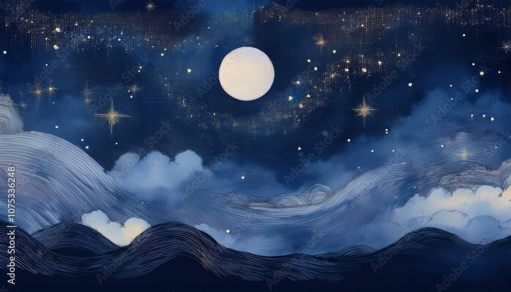 Artwork of the moon and starlight floating in the night sky Artwork of the moon and starlight floating in the night sky