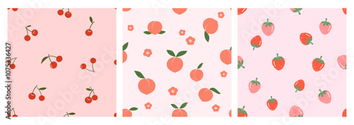 Set of seamless pattern with cherry, peach and strawberry with green leaves on pink backgrounds vector.