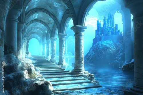 Magical Underwater Palace with Stone Columns and Ice Castle. AI generated illustration