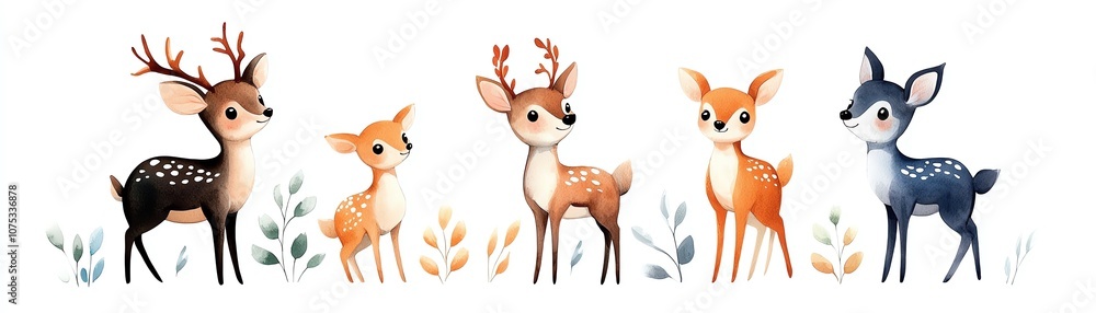 A group of adorable cartoon deer in various colors, featuring a playful and whimsical design on a white background. A group of adorable cartoon deer in various colors, featuring a playful and whimsical design on a white background.