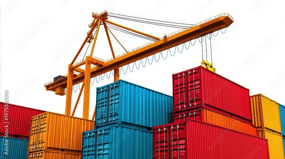 Fototapeta premium Colorful shipping containers stacked below a yellow crane, Labor market advisor planning recovery, job stability, economic rebound from trade war