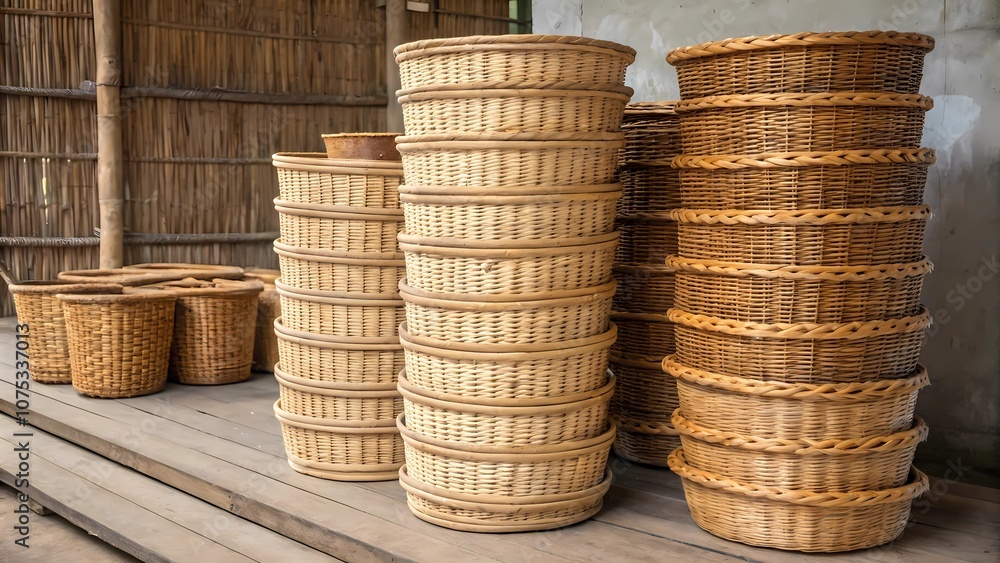 A Visually Captivating Assortment of Handcrafted Rattan and Wicker Baskets Showcased in a Cozy, Rustic Store Environment A Visually Captivating Assortment of Handcrafted Rattan and Wicker Baskets Showcased in a Cozy, Rustic Store Environment