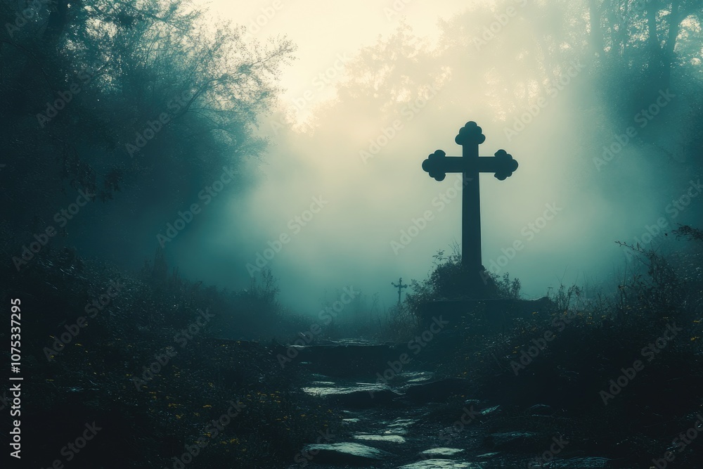 Naklejka premium Large cross standing in a foggy forest at dawn