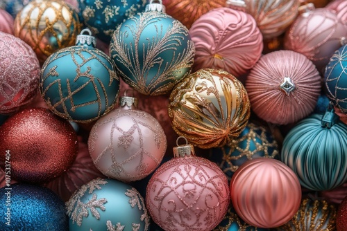 Christmas ornaments forming a colorful holiday background