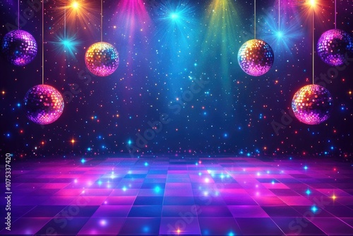 Colorful disco balls hanging over illuminated dance floor creating festive atmosphere