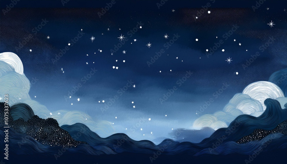 Artwork of the moon and starlight floating in the night sky Artwork of the moon and starlight floating in the night sky