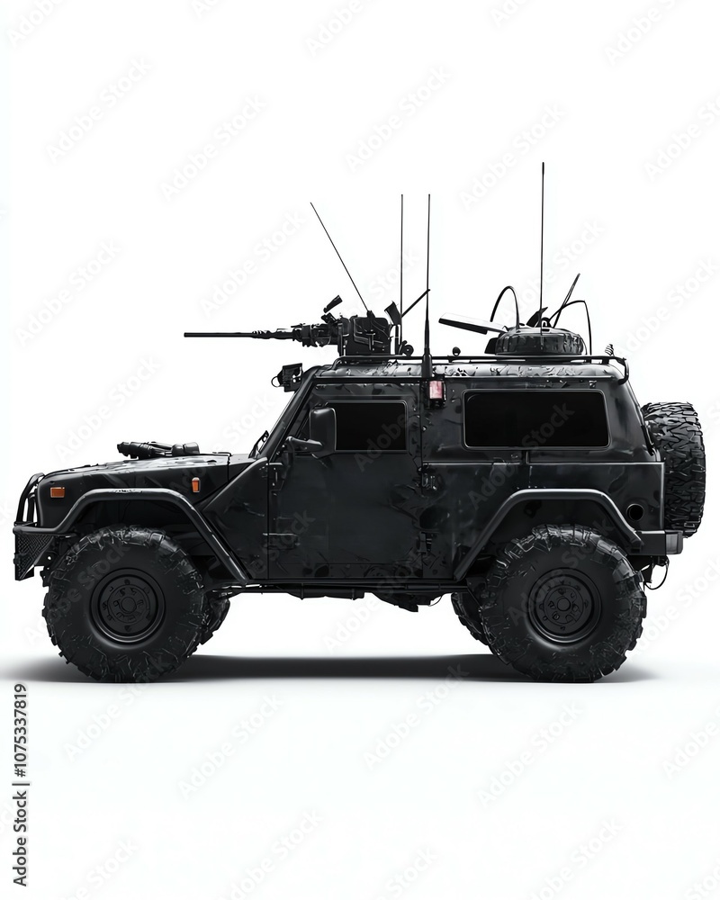 Military vehicle with graffiti, side view, white isolated background. Military vehicle with graffiti, side view, white isolated background.