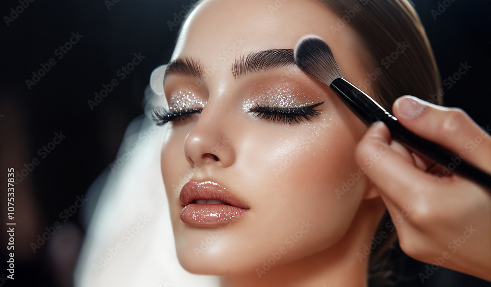 custom made wallpaper toronto digitalA close-up view of a woman applying makeup, on another woman, specifically focusing on her eyelid and eyelashes with a gold-colored makeup brush