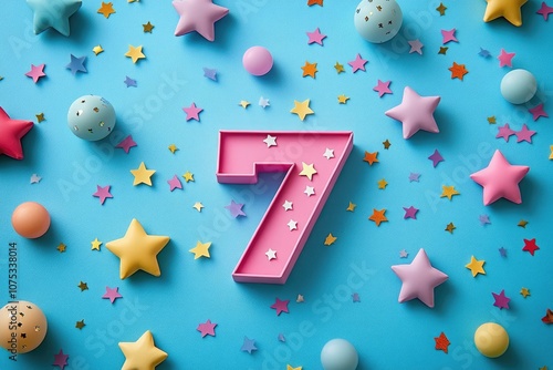 Big pink number seven celebrating with colorful stars and spheres on light blue background photo