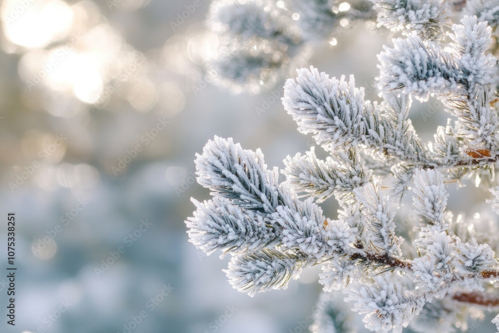 Pine branches covered with frost reflecting winter sunlight Pine branches covered with frost reflecting winter sunlight