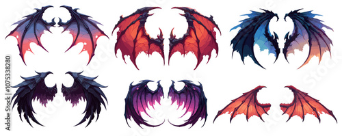 Cartoon demon wings. Horror bat vampire dragon wing pairs, fantasy characters elements set vector illustration