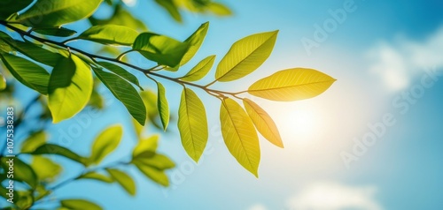  Pollution free and clean air concept. A close-up view of vibrant green leaves illuminated by sunlight against a clear blue sky, symbolizing pollution free air and nature's beauty.