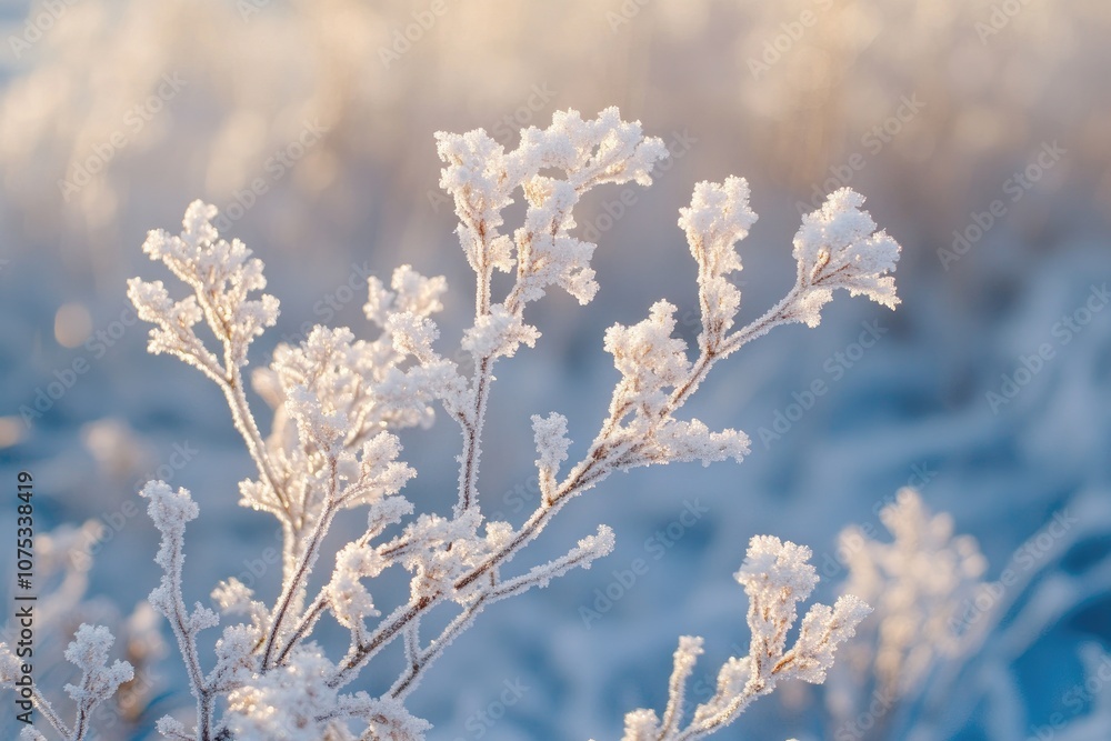Frozen flowers glowing in winter sunrise light Frozen flowers glowing in winter sunrise light