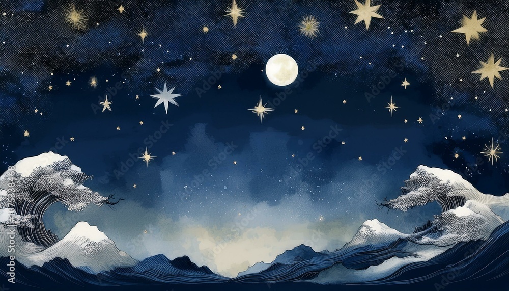 Artwork of the moon and starlight floating in the night sky