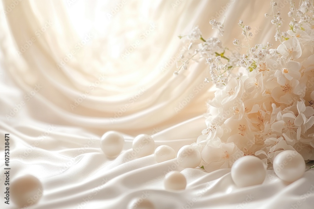 Delicate white flowers and pearls resting on luxurious satin fabric Delicate white flowers and pearls resting on luxurious satin fabric