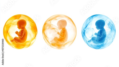 Three glowing silhouettes of embryos in colorful orbs, depicting the stages of fetal development and the miracle of life. on a white background