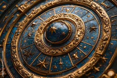 Golden astrolabe showing planets and constellations, embracing the wonders of astronomy photo