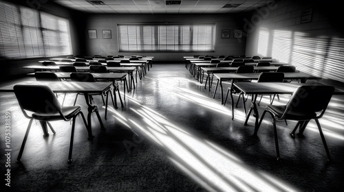 Verdict Shadows: A courtroom with sunlight streaming through blinds. The shadows lengthen—the deliberation process. 