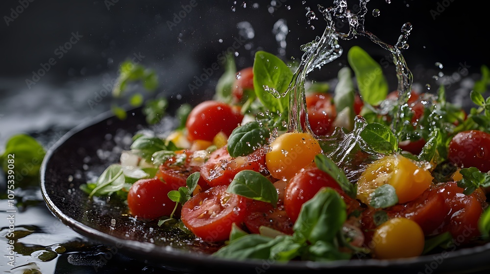 A vibrant salad with cherry tomatoes, herbs, and a splash of water, creating a dynamic and delicious composition A vibrant salad with cherry tomatoes, herbs, and a splash of water, creating a dynamic and delicious composition