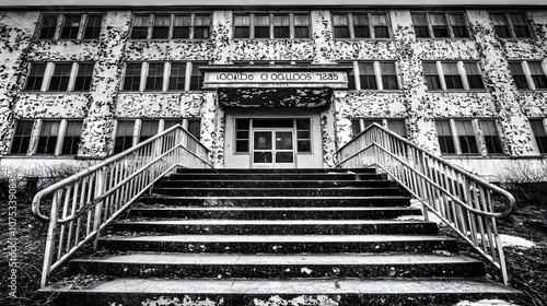 Aging Courthouse: A weathered courthouse with peeling paint, its steps worn smooth by countless footsteps. The image evokes the weight of history and the gradual evolution of legal systems.  photo