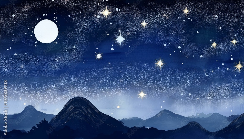 Artwork of the moon and starlight floating in the night sky