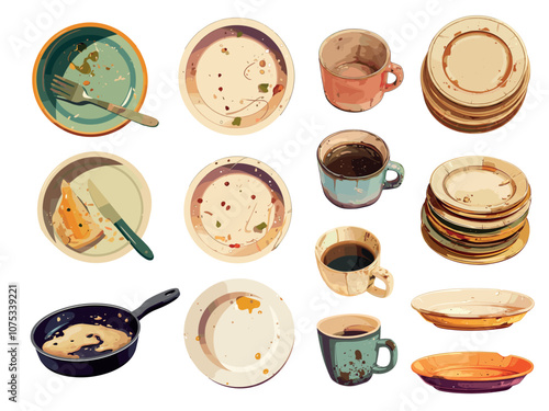 Cartoon dirty dishes. Kitchenware cups pan plates stack food stains spots, cookware set vector illustration