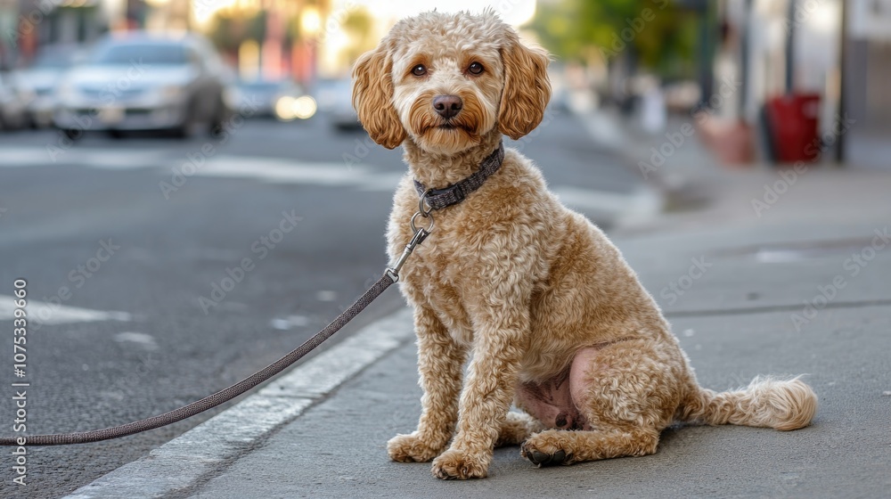 A sweet Labrador and poodle mix dog is tied up at a street corner Owners often leave dogs outside stores though it can pose safety risks A sweet Labrador and poodle mix dog is tied up at a street corner Owners often leave dogs outside stores though it can pose safety risks