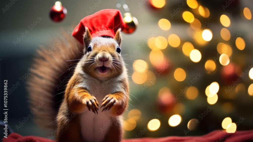 Christmas holidays concept. Cute squirrel in Santa red hat. Christmas holidays concept. Cute squirrel in Santa red hat.