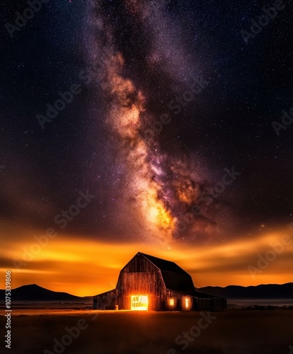 A Rustic Barn Under a Starry Sky: The Majestic Milky Way Dances Above the Countryside Landscape photo