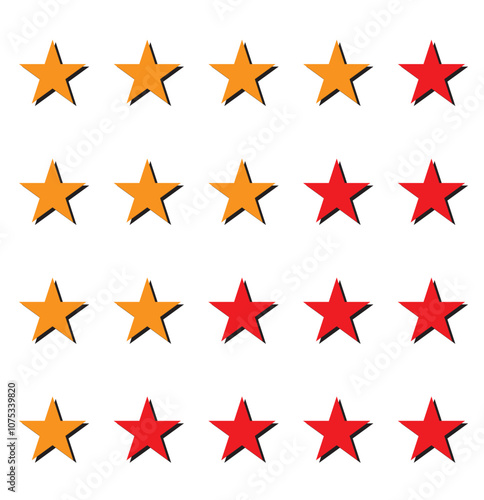 Rating symbol set of five pointed yellow golden stars quality rating product or service quality assesment simple minimal icon sign label vector design 545