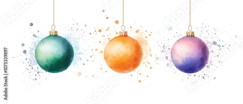 Colorful Christmas ornaments with splashes of paint on a white background, perfect for holiday decorations and festive themes.