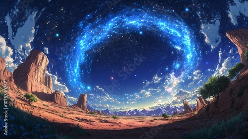 A Desert Landscape with a Celestial Ring and Distant Mountains