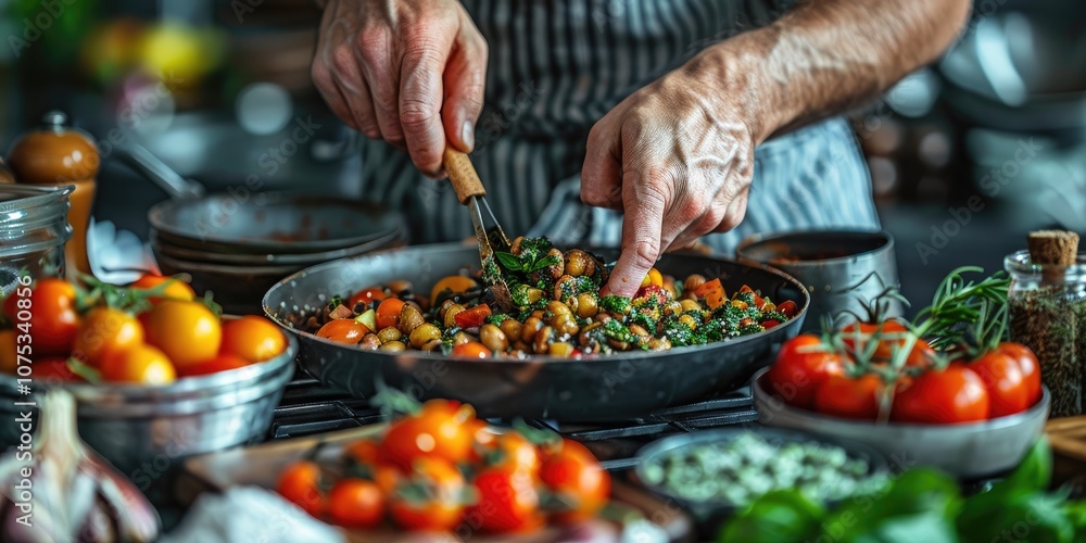 Hands preparing a fresh vegetable dish in a bustling kitchen filled with ingredients Hands preparing a fresh vegetable dish in a bustling kitchen filled with ingredients
