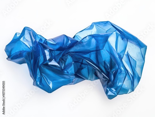 a crumpled blue plastic bottle with intricate folds, isolated against a white background, highlighting texture and form, minimalist and eco-conscious design