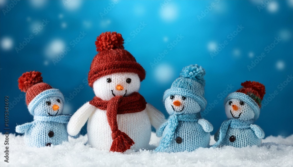 little knitted snowmans on soft snow on blue background little knitted snowmans on soft snow on blue background