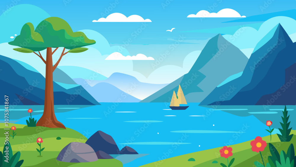 Landscape with a calm lake surrounded by hills and mountains. Vector illustration Landscape with a calm lake surrounded by hills and mountains. Vector illustration