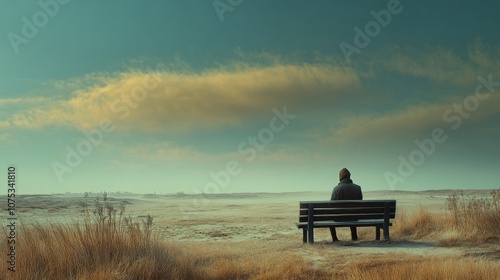 Solitary Figure on a Bench in a Frosty Field