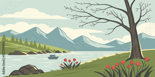 Wallpaper Mural Landscape with a calm lake surrounded by hills and mountains. Vector illustration  Torontodigital.ca