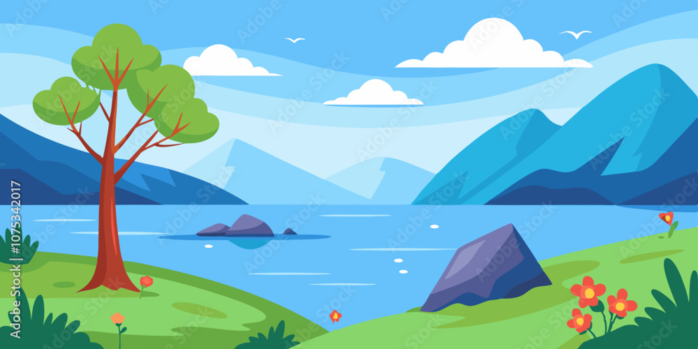 Obraz premium Landscape with a calm lake surrounded by hills and mountains. Vector illustration 