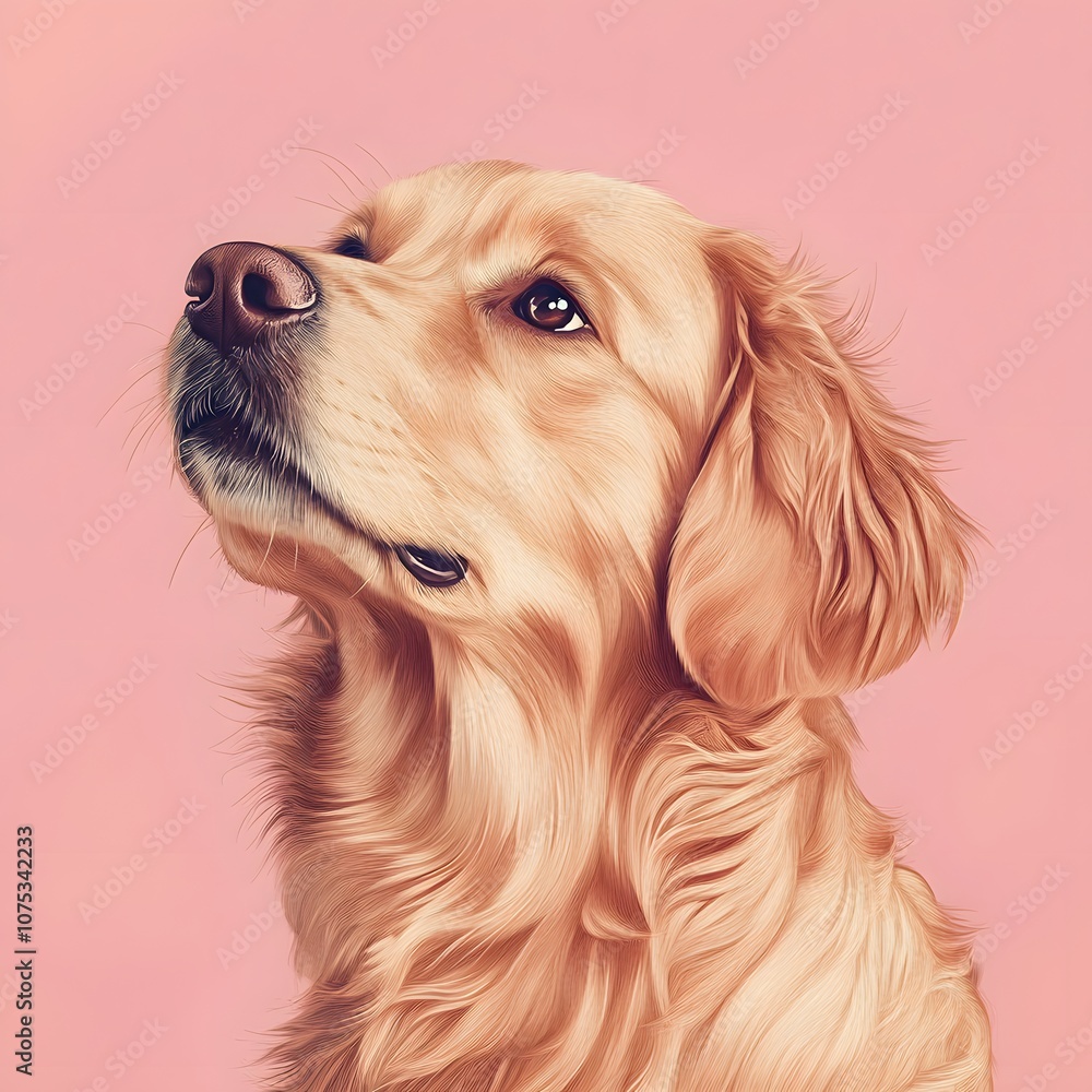 Golden retriever dog with sad eyes looking in front. Portrait with pink background Golden retriever dog with sad eyes looking in front. Portrait with pink background